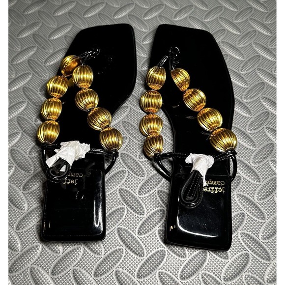Jeffrey Campbell Yucatan gold Bead Thong Square Toe Black flat Sandals Sz 5 NEW - Picture 4 of 10